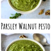 A white dish filled with bright green parsley pesto.