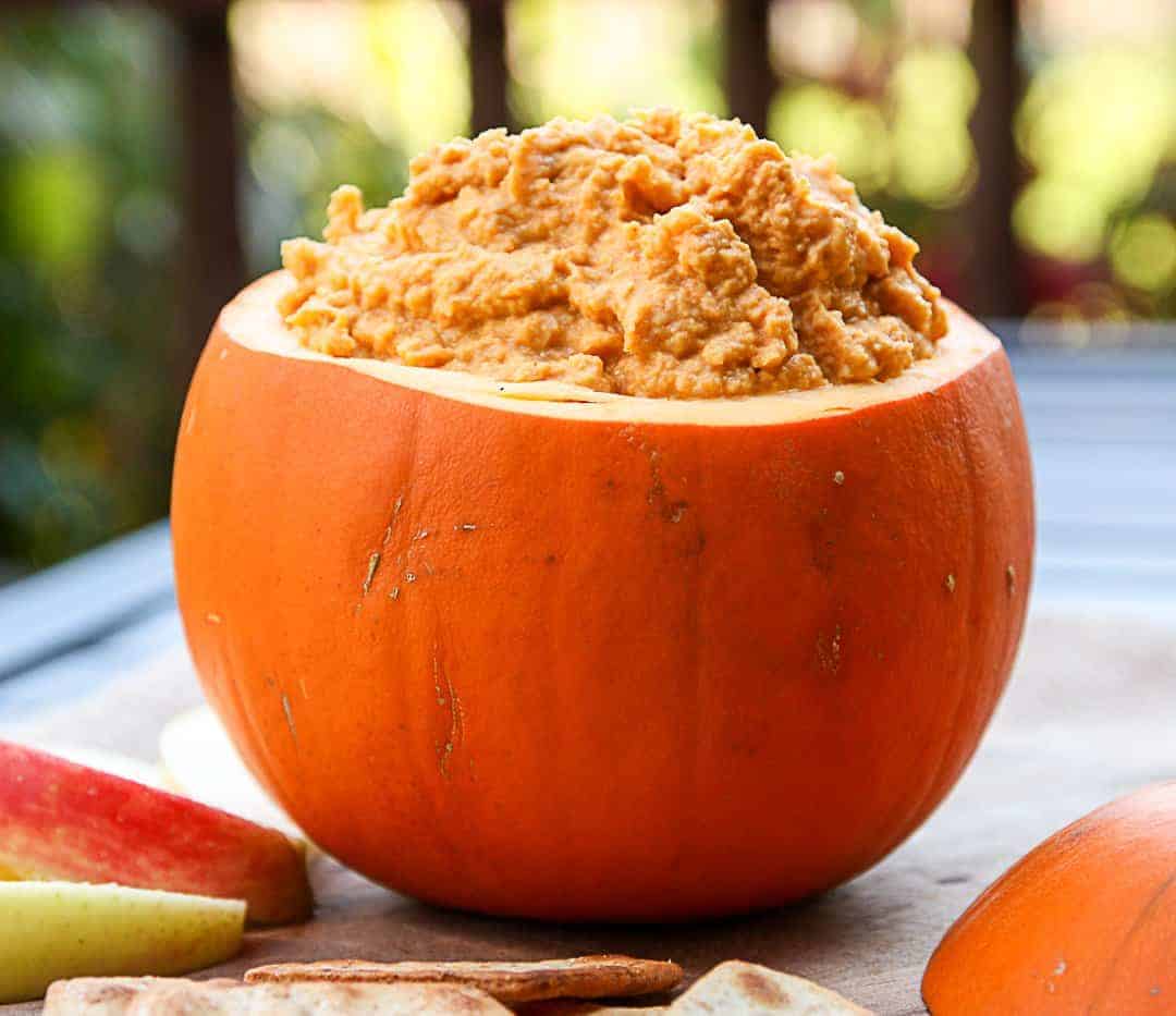 Roasted Pumpkin Hummus in a pumpkin shell