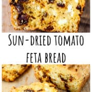 Slices of sun-dried tomato bread on a wooden cutting board.