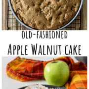 An apple walnut cake cooling on a wire rack.