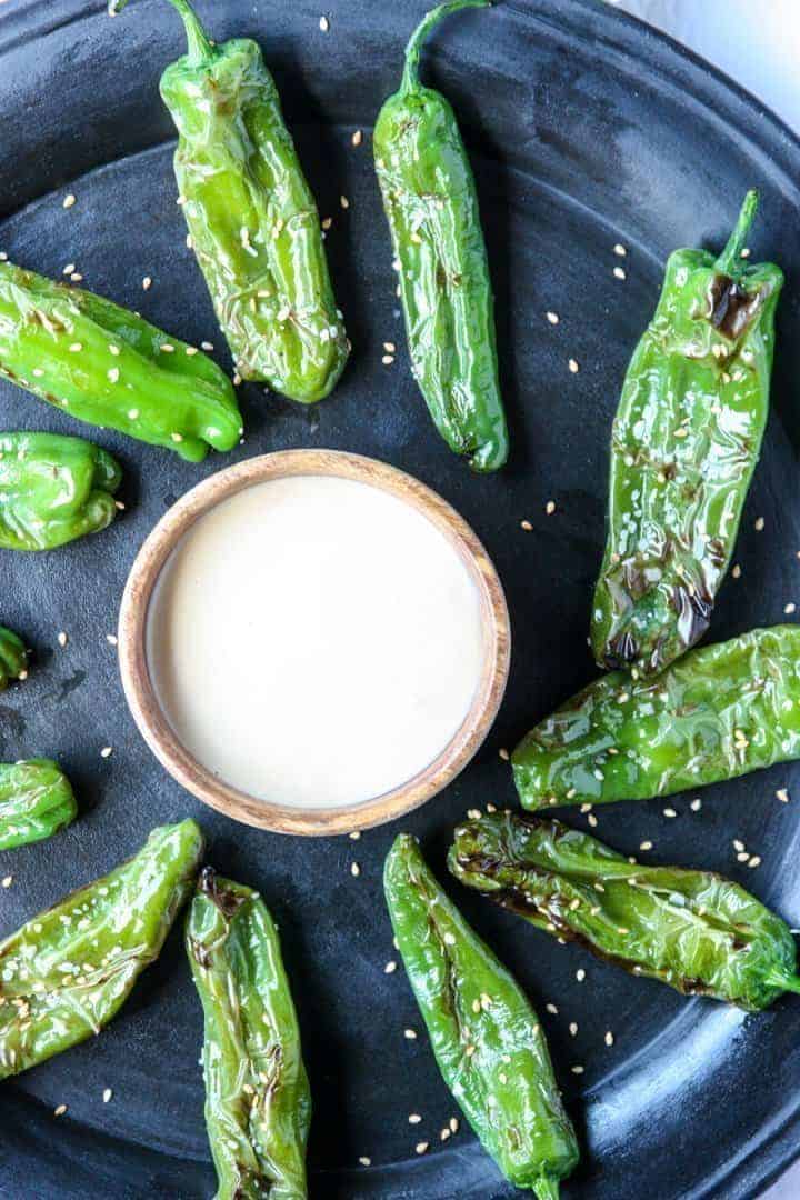 Grilled shishito peppers on a plate, with dip