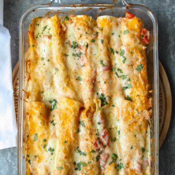Baking dish of seafood enchiladas