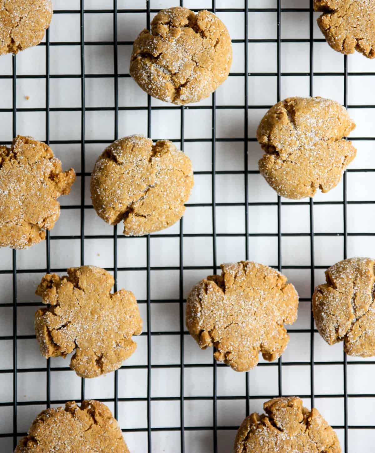 Freshly baked cookies cooling on a rack.