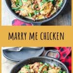 Cooked chicken pieces in a creamy sauce in a cast iron skillet.