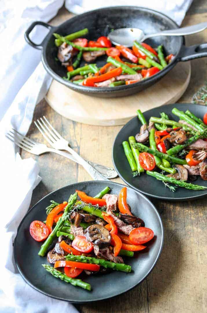 A bowl of food on a plate, with Steak and vegetables