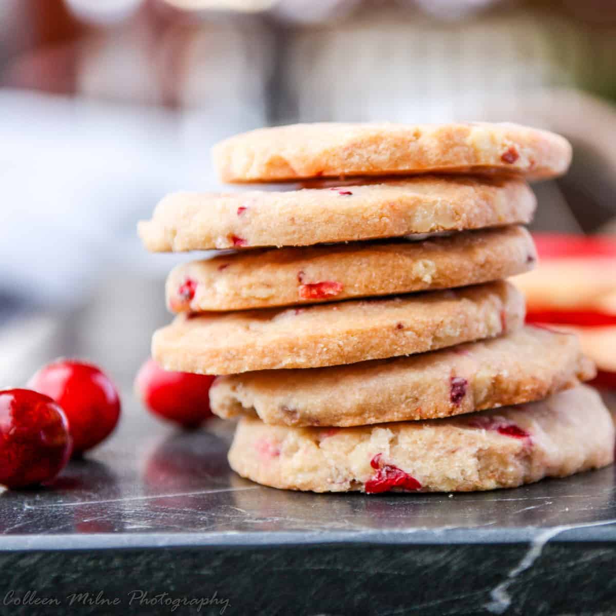 Shortbread Cookies piled in a stack.