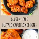 Buffalo Cauliflower Bites on a black plate with a small dish of ranch dip.
