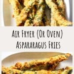 Air Fryer Asparagus spears on a plate with a small dish of dipping sauce.