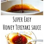 A jar of honey teriyaki sauce with a spoon in it.