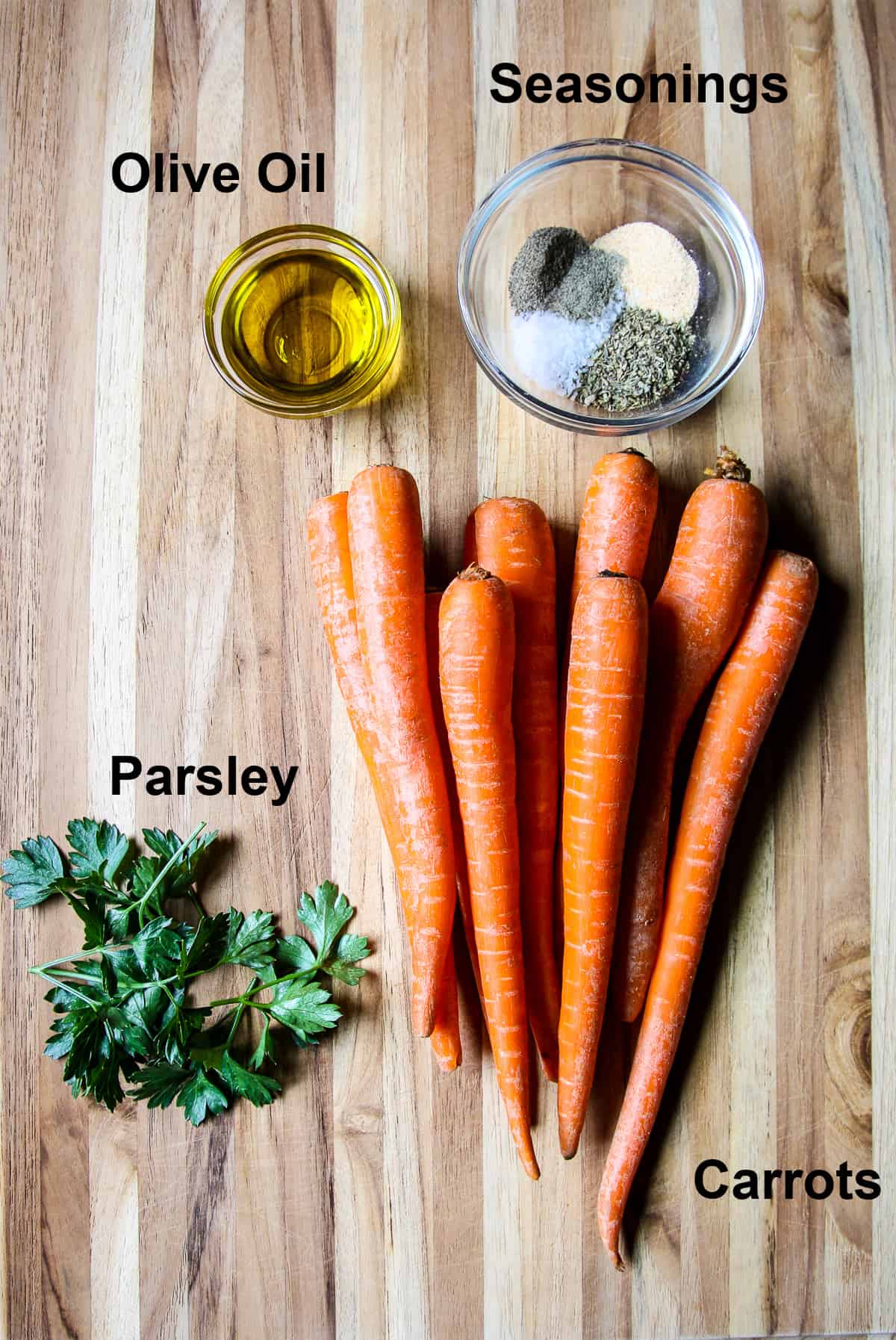 The ingredients to make the recipe on a wooden board.