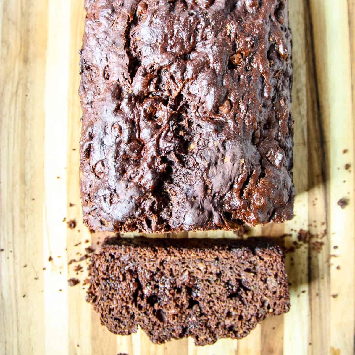 A loaf of gluten-free chocolate zucchini bread.