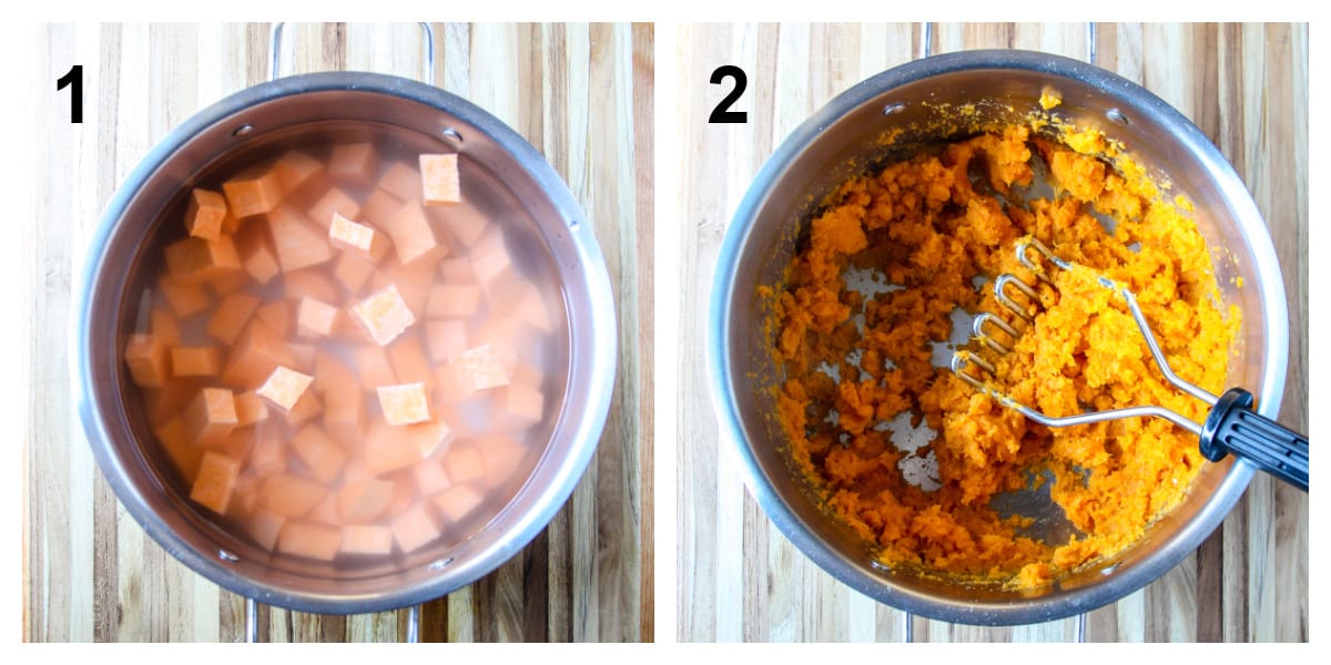 The sweet potatoes cooking in boiling water, then being mashed.