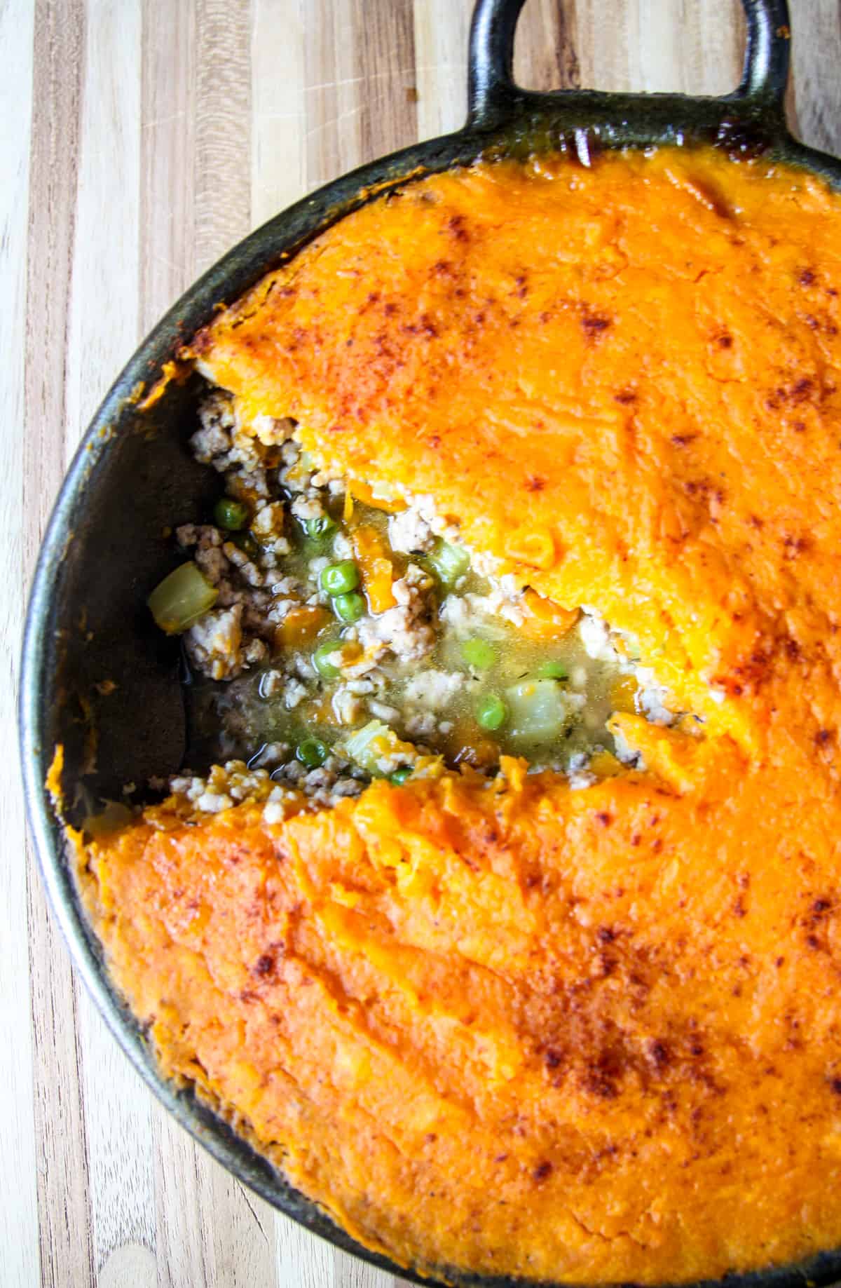 Sweet potato shepherd's pie in a cast iron skillet.