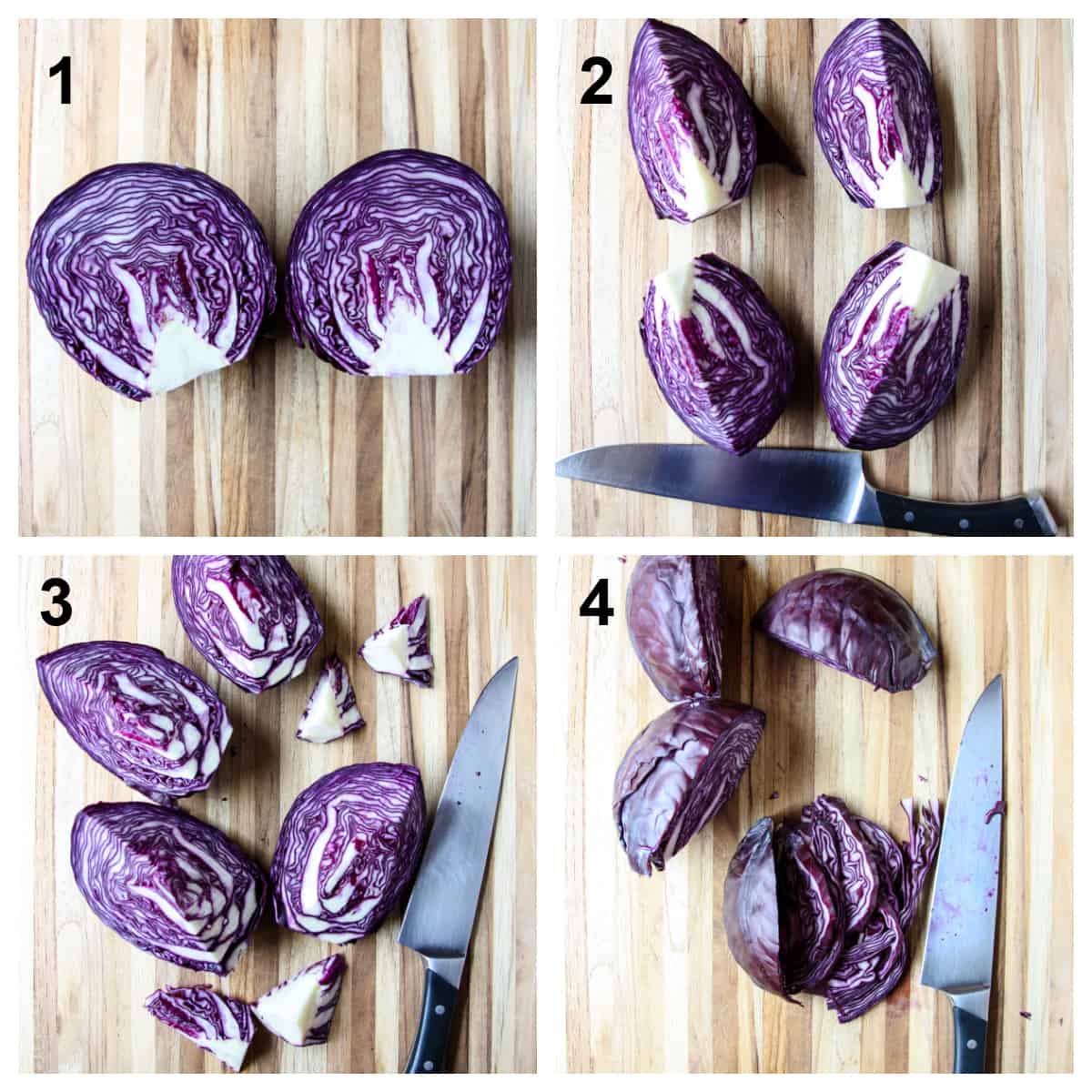 Step by step photos showing how to slice cabbage.