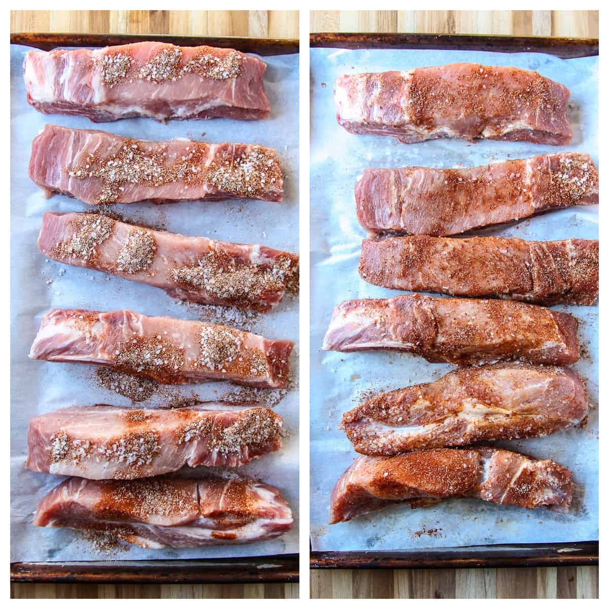 Uncooked ribs rubbed with seasoning.