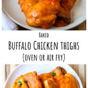 Buffalo chicken thighs on a white plate.