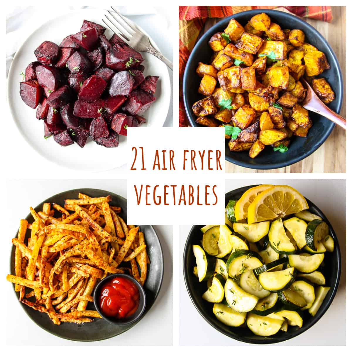 A collage of four different air fryer vegetables on plates: beets, squash, rutabaga and zucchini.