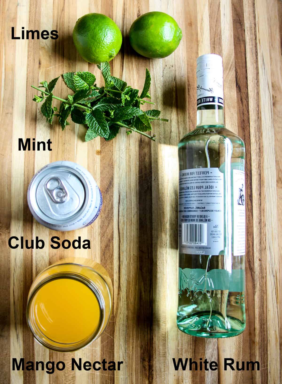 The ingredients needed to make this drink, on a wooden board.