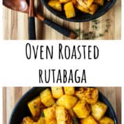 Oven roasted rutabaga in a black bowl on a wooden cutting board.