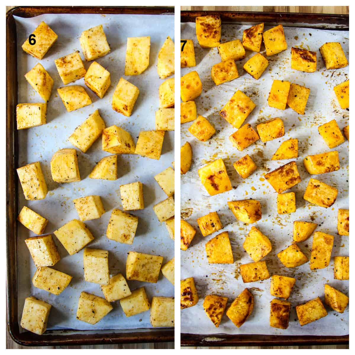 Side by side photos of the rutabaga cubes on a baking sheet before and after roasting.