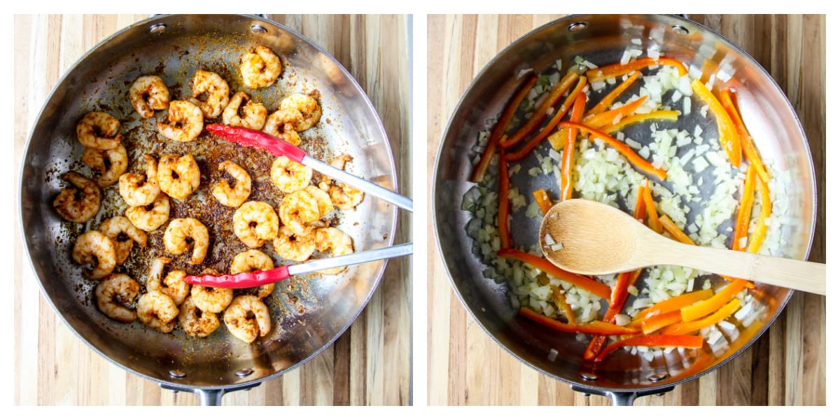 The shrimp being cooked in a stainless steel skillet, and the vegetables being cooked in the same pan.