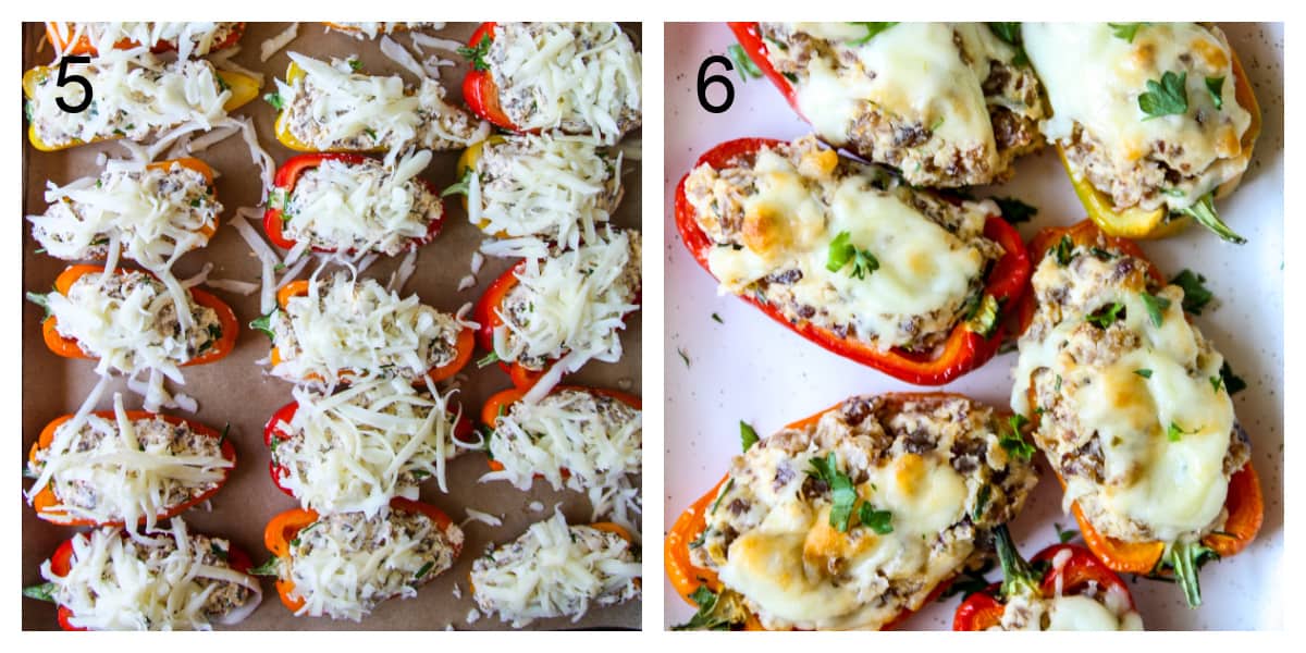 Steps 5 and 6, the filled pepper halves are topped with shredded cheese, and the peppers are baked.