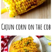 Three ears of Cajun corn on the cob on a white plate.