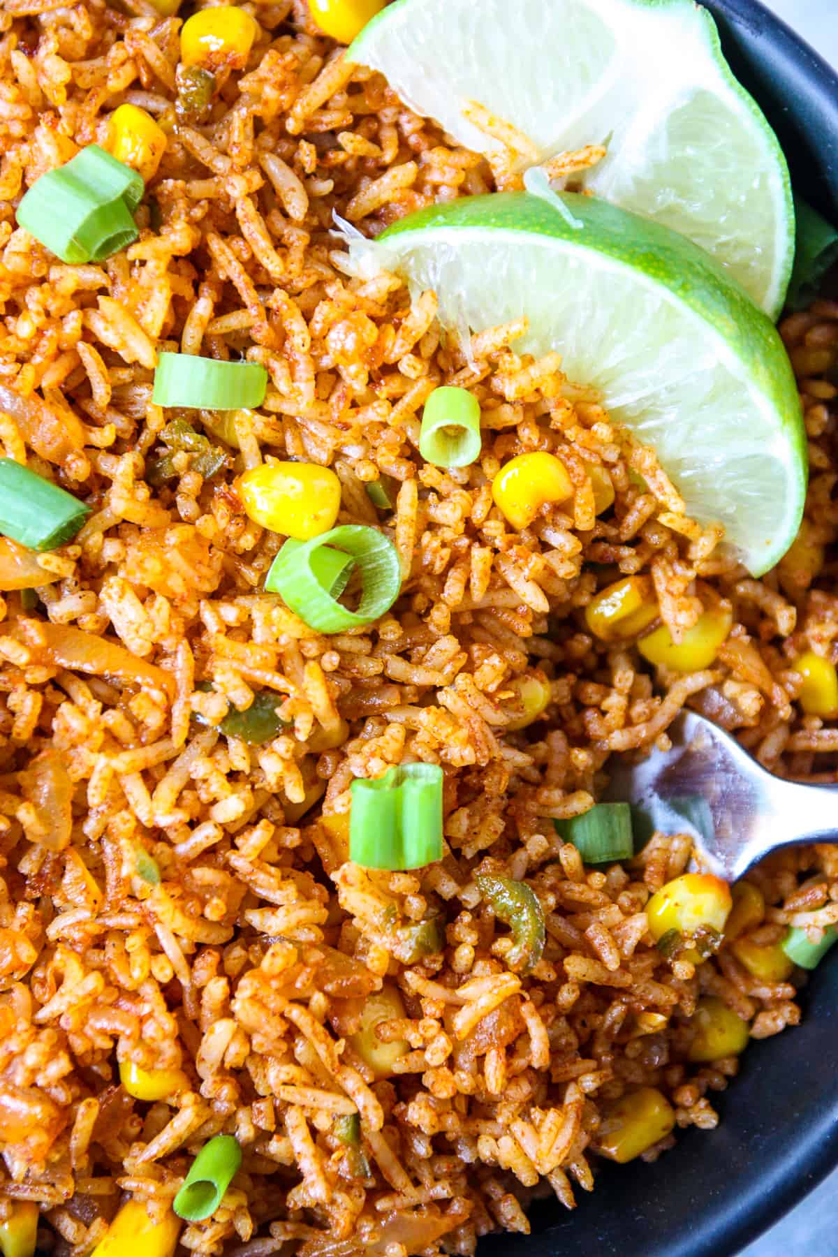 A close up of Mexican fried rice in a bowl.