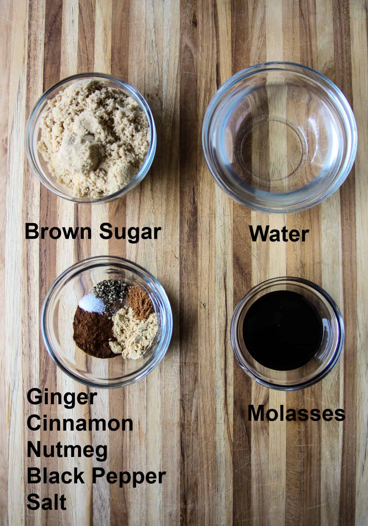 All of the ingredients for making this recipe, in glass bowls.