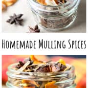 A small glass jar filled with mulling spices.