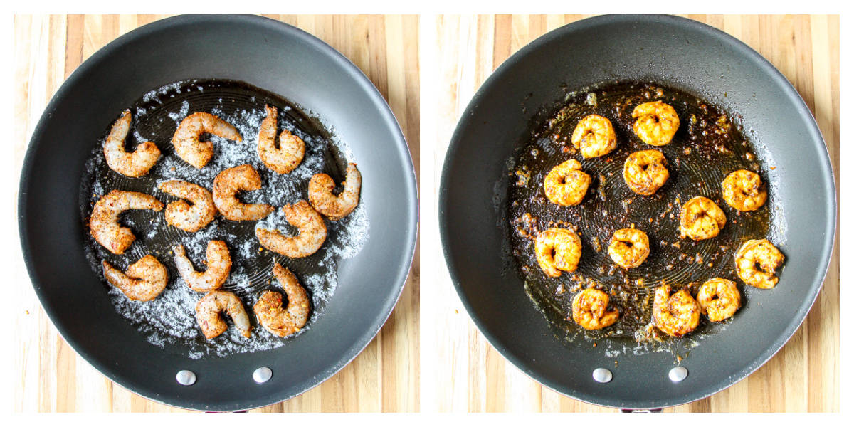 Shrimp cooking in a black skillet.