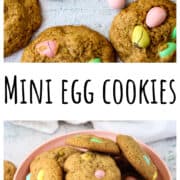 Mini egg cookies in a pink bowl.