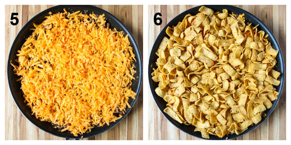 The casserole topped with cheddar cheese and with corn chips.