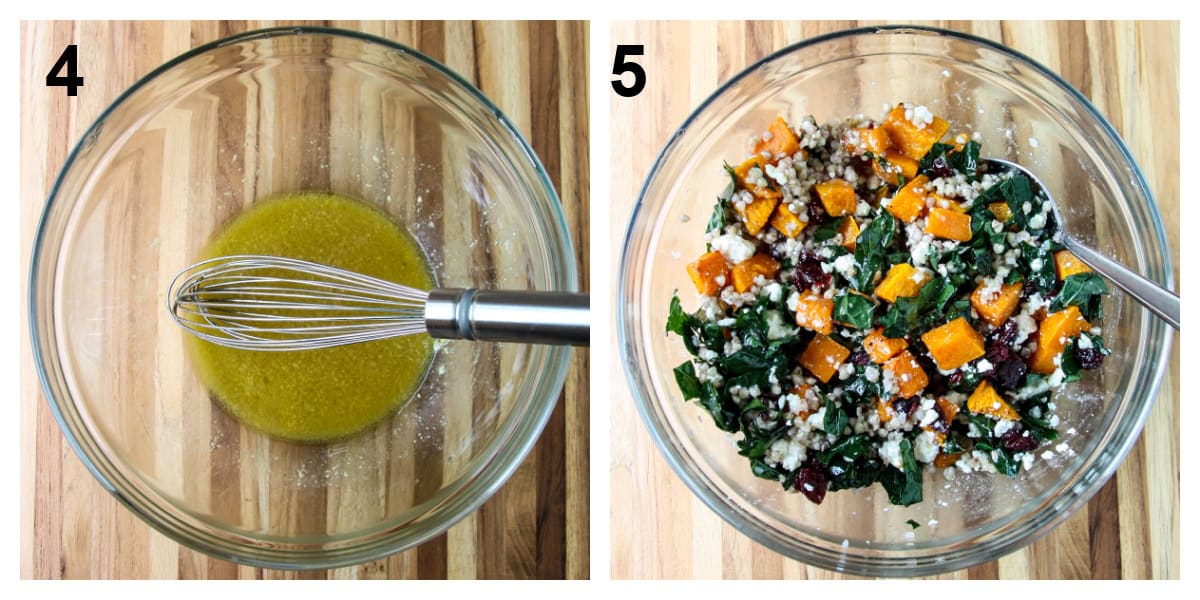 Dressing ingredients whisked together and salad ingredients are tossed together in a glass bowl.