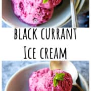 Three scoops of bright pink black current ice cream in a green dish.