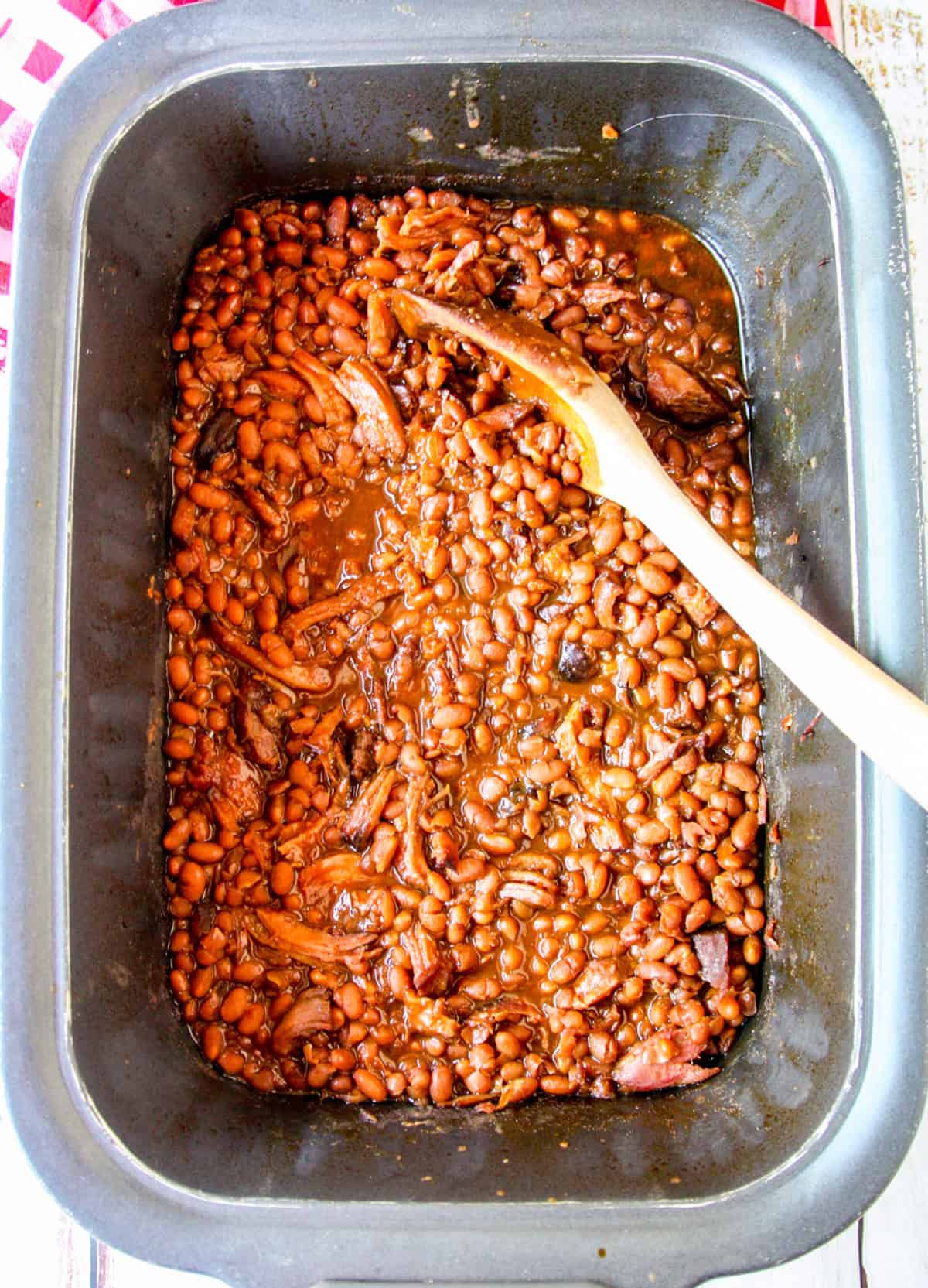 Recipe ingredients in the slow cooker after cooking.
