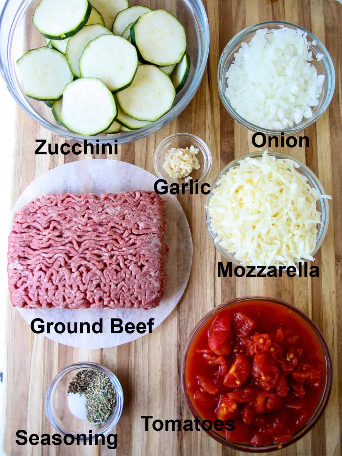 All of the ingredients that go into this recipe, in glass bowls.