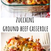 Ground beef zucchini casserole in a glass baking dish.