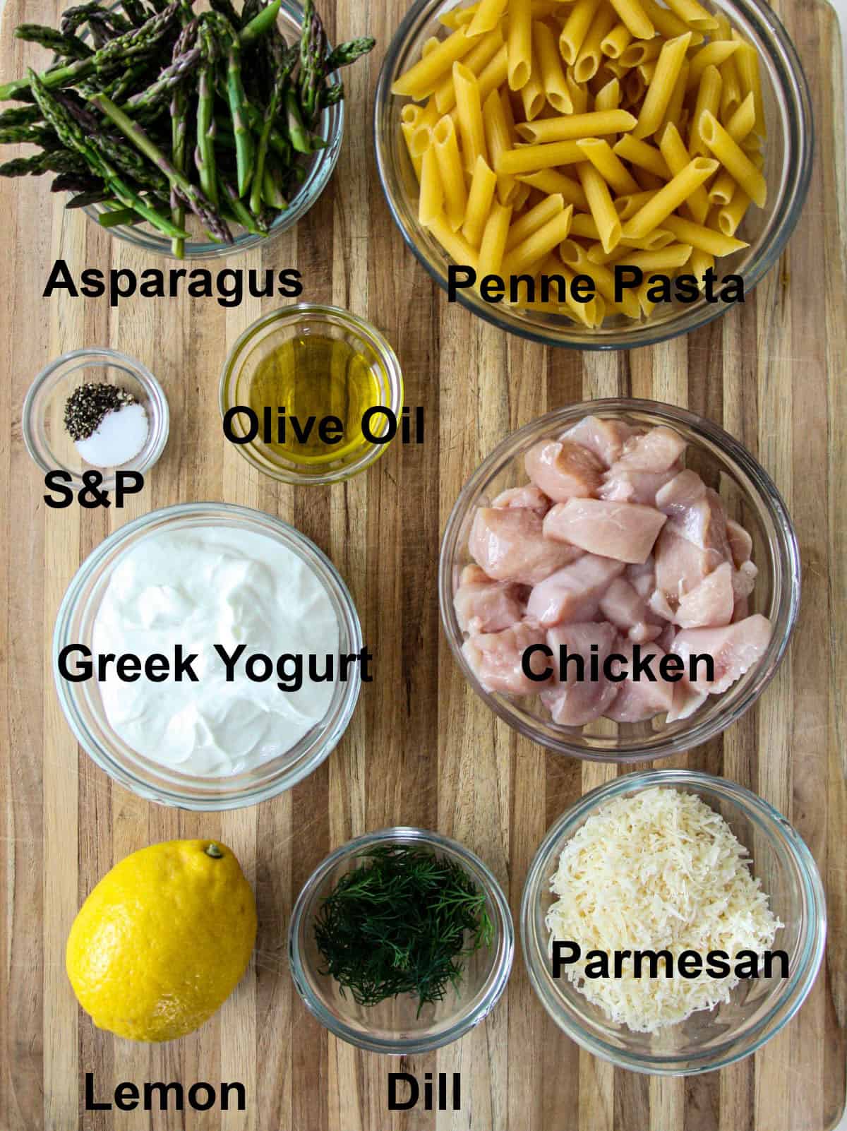 The ingredients for making this recipe in glass bowls.