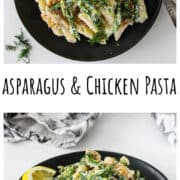 A plate of asparagus and chicken pasta.