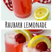 A pair of drinking glasses filled with pink lemonade and ice cubes.