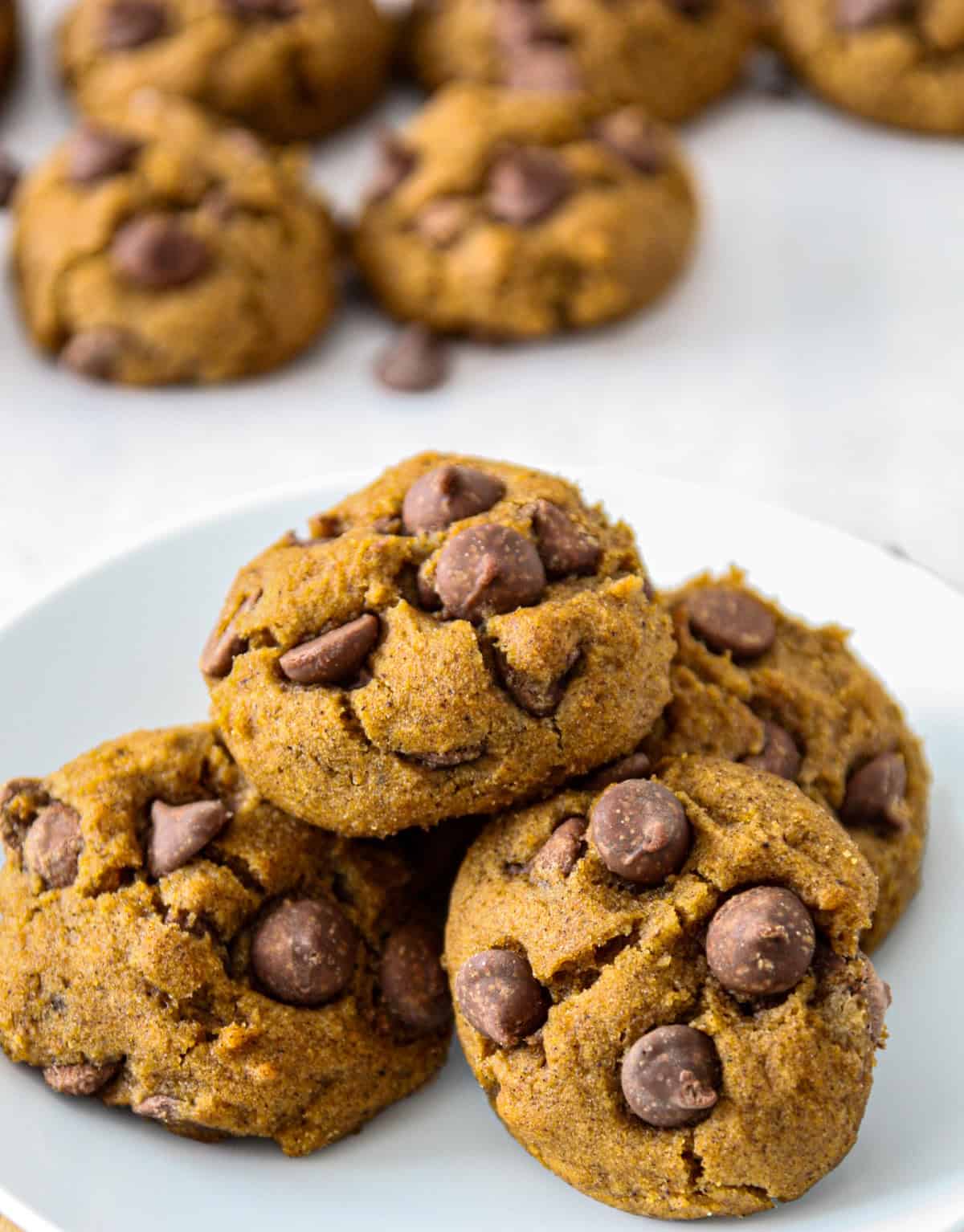 Gluten free pumpkin cookies piled on a white plate.